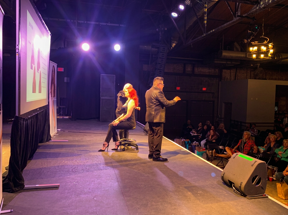 Jesús Carrasco presenting beside a seated model during a live color demonstration